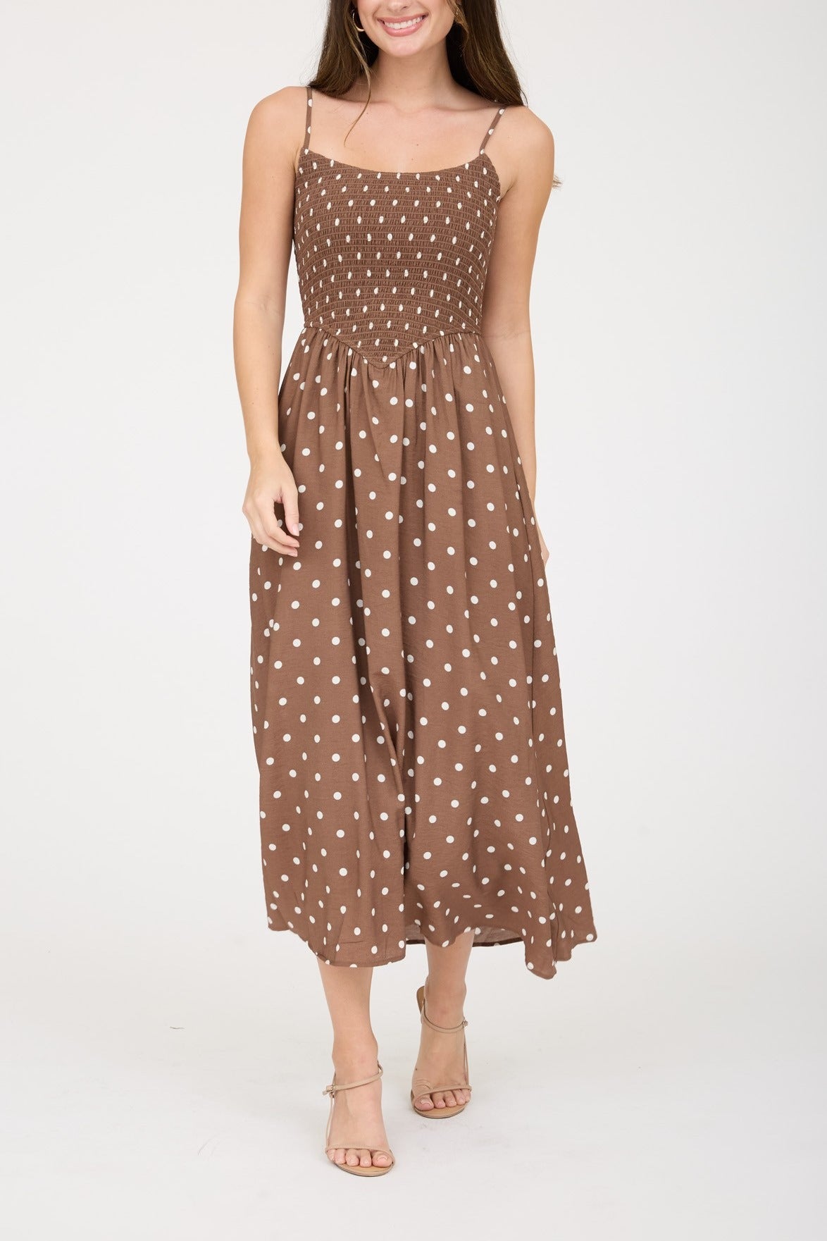 Polka Dot Smocked Basque Waist Midi Dress - Brown