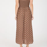 Polka Dot Smocked Basque Waist Midi Dress - Brown