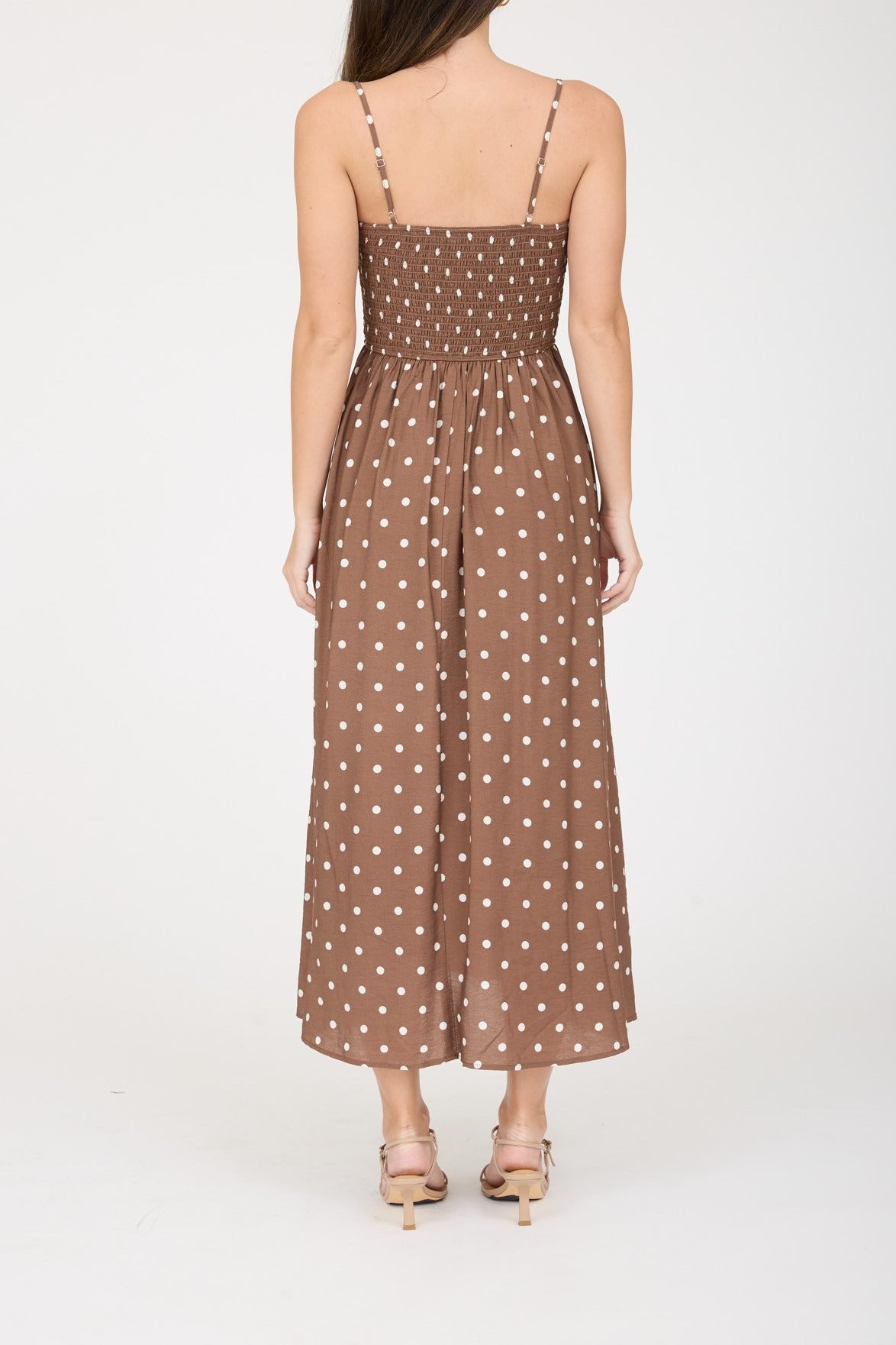 Polka Dot Smocked Basque Waist Midi Dress - Brown