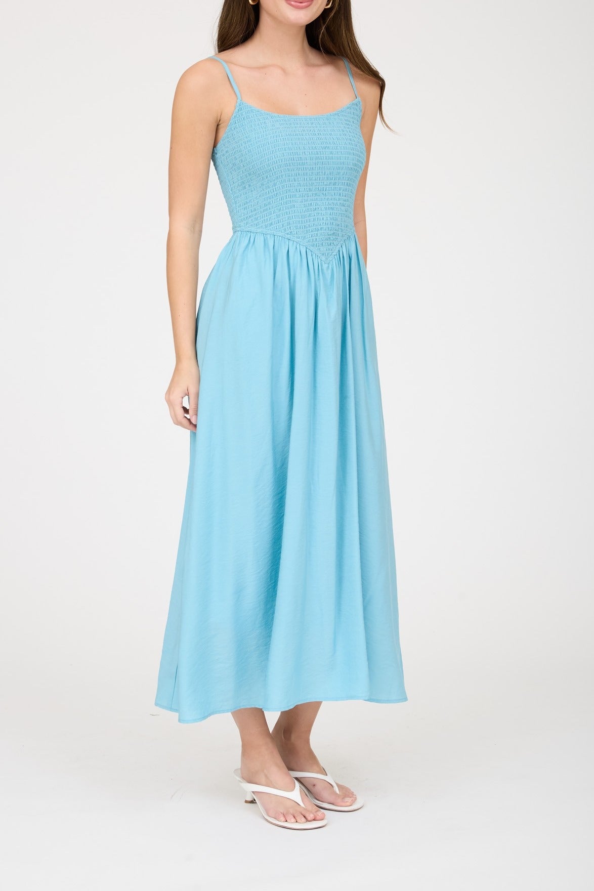 Smocked Basque Waist Spaghetti Strap Midi Dress - Dark Mint