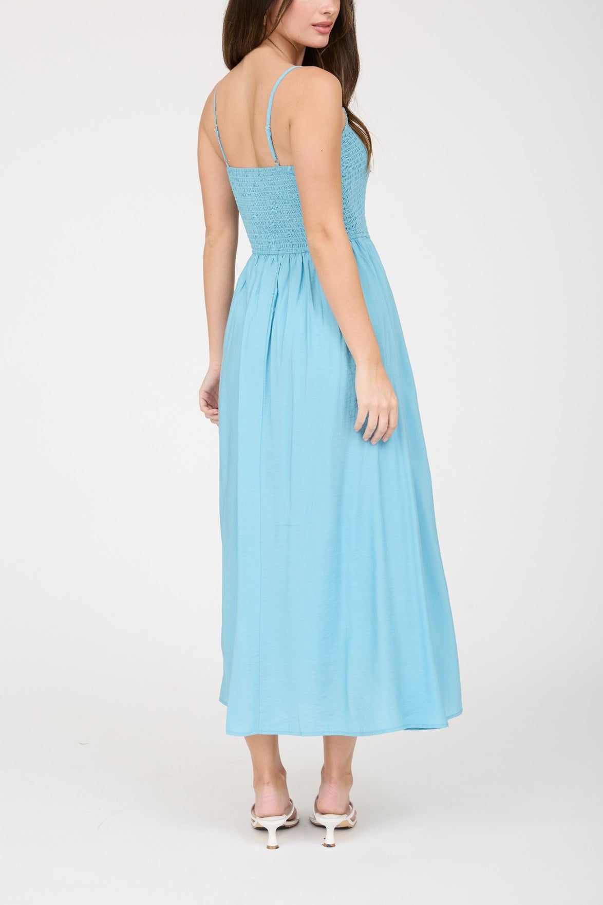 Smocked Basque Waist Spaghetti Strap Midi Dress - Dark Mint