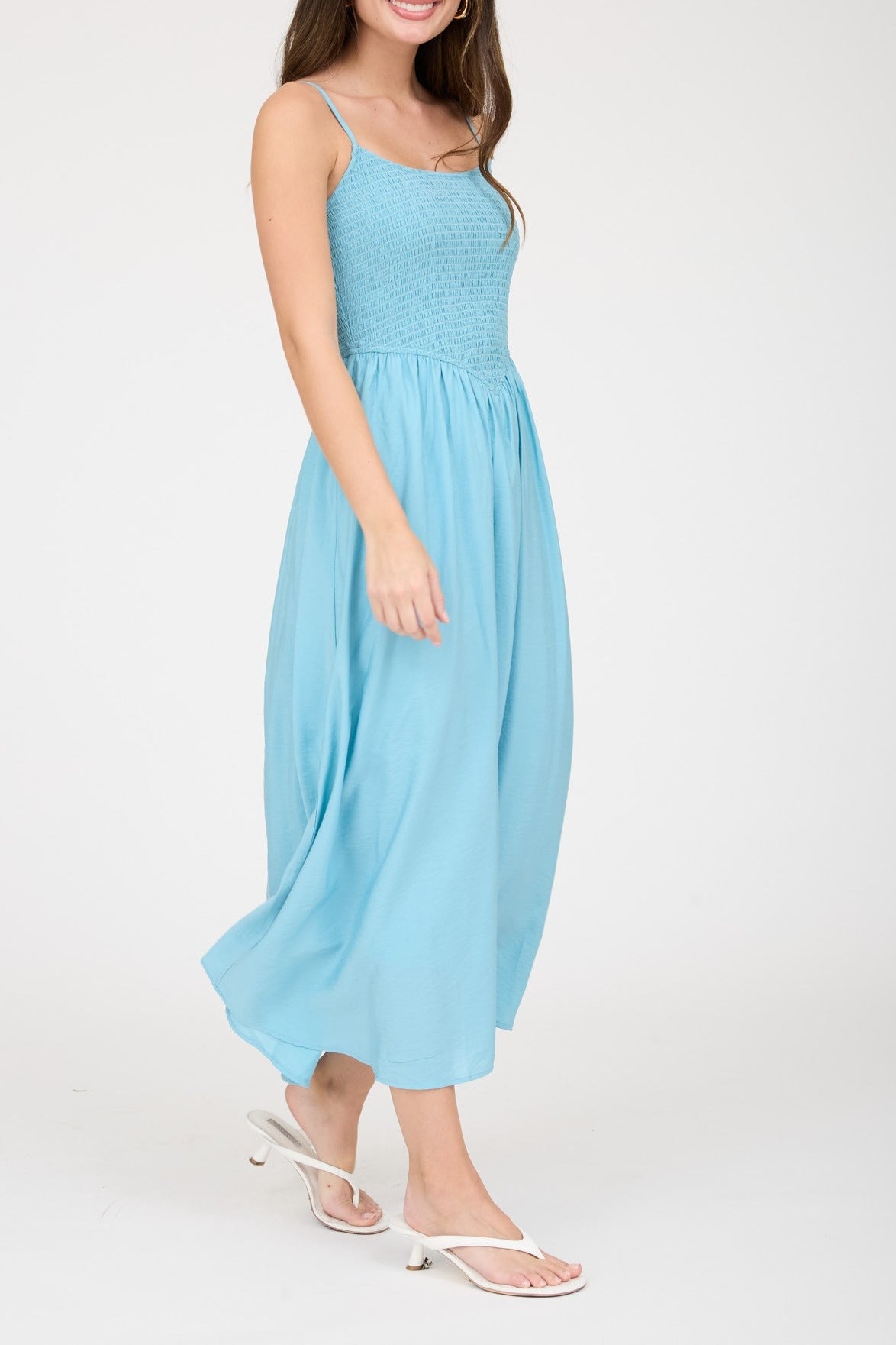 Smocked Basque Waist Spaghetti Strap Midi Dress - Dark Mint