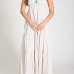 Stripe Shirred Empire Waist Tiered Midi Dress - Mocha