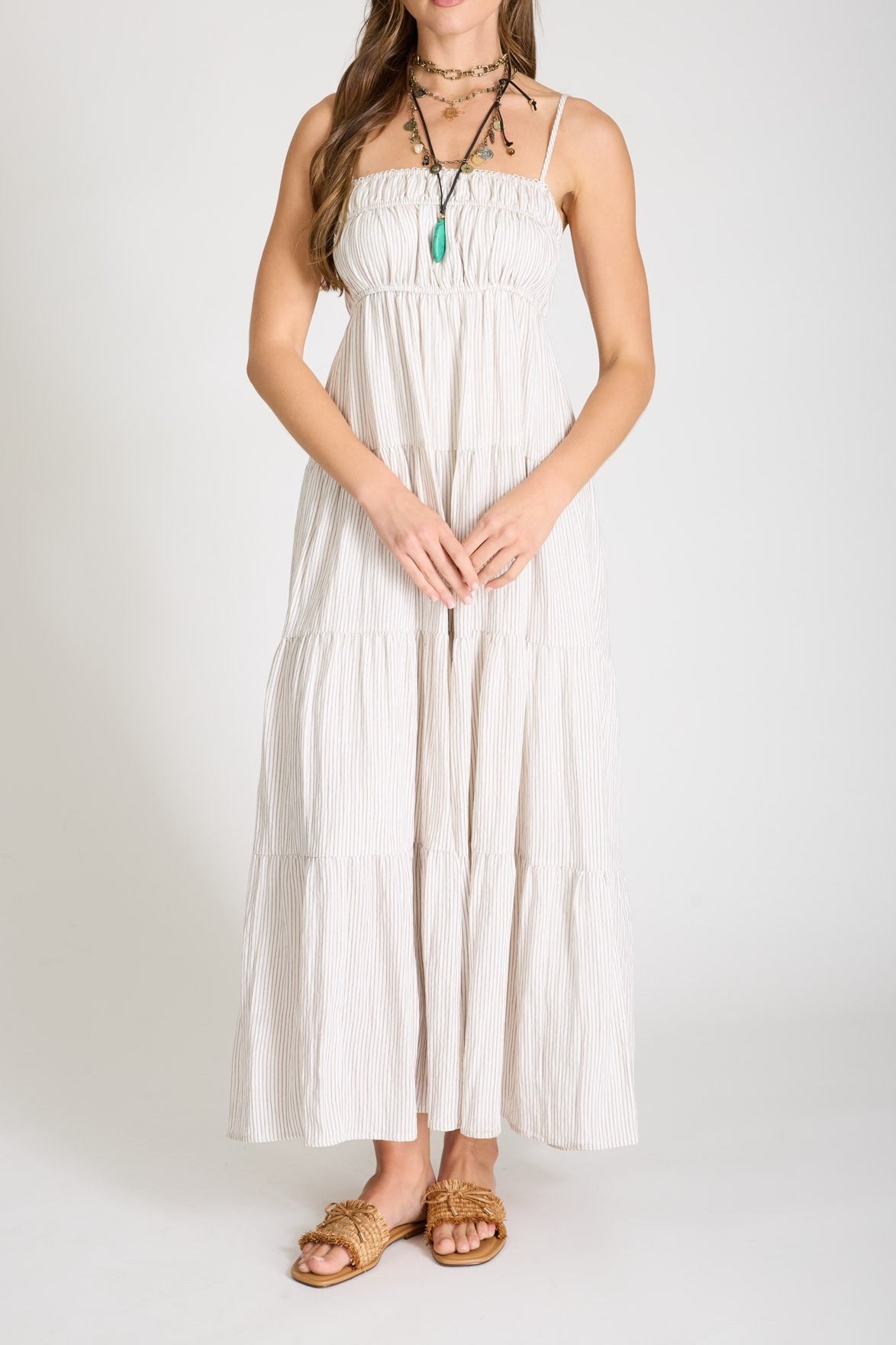 Stripe Shirred Empire Waist Tiered Midi Dress - Mocha