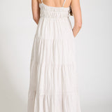 Stripe Shirred Empire Waist Tiered Midi Dress - Mocha