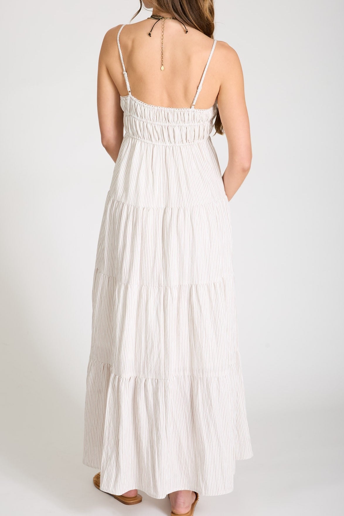 Stripe Shirred Empire Waist Tiered Midi Dress - Mocha