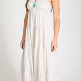 Stripe Shirred Empire Waist Tiered Midi Dress - Mocha