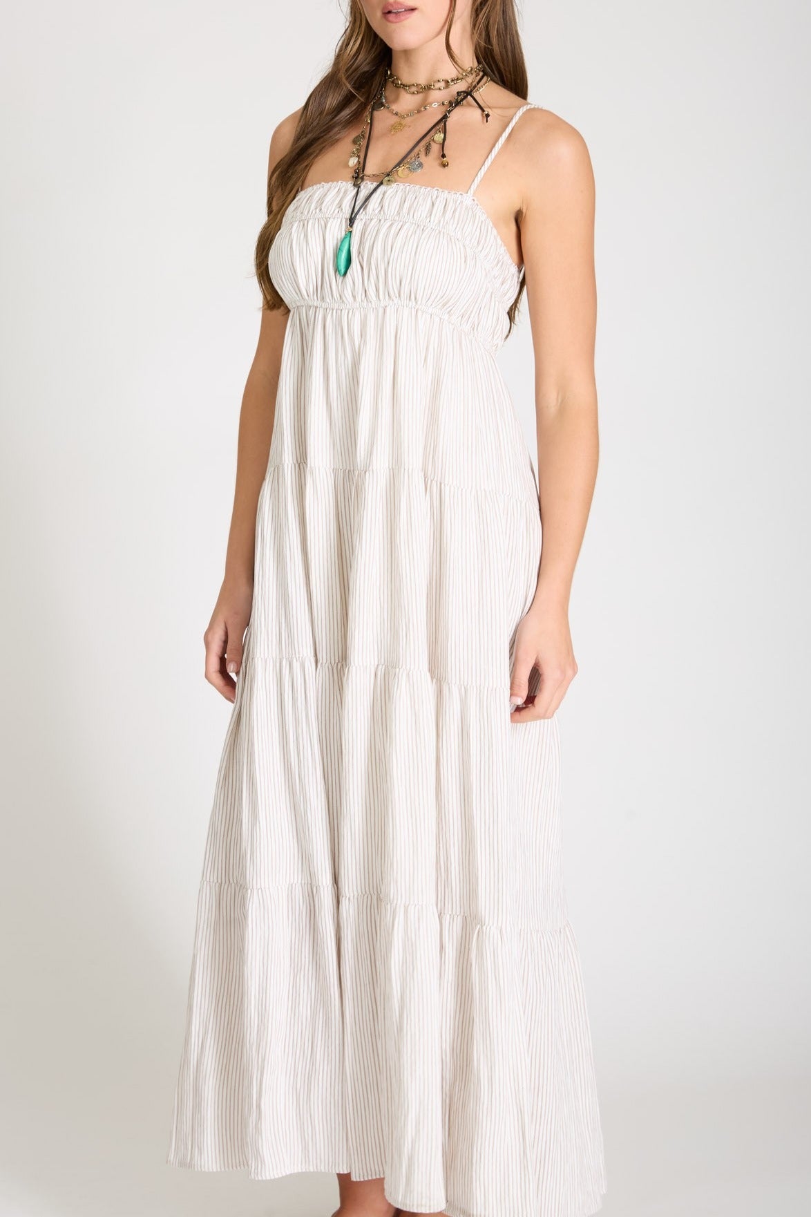 Stripe Shirred Empire Waist Tiered Midi Dress - Mocha