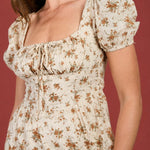 Floral Puff Sleeve Front Tie Corset Midi Dress - Beige Multi