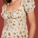 Floral Puff Sleeve Front Tie Corset Midi Dress - Beige Multi