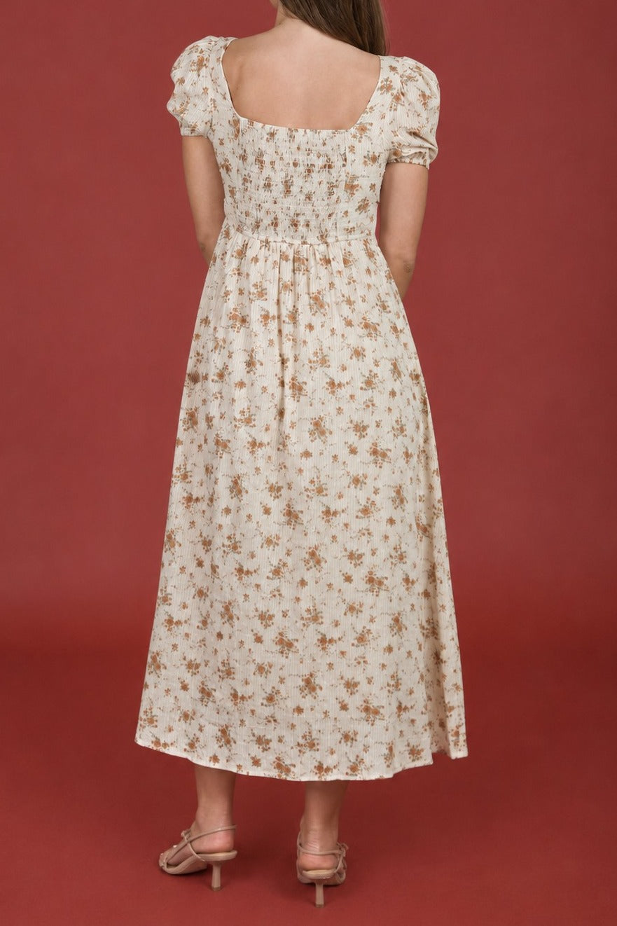 Floral Puff Sleeve Front Tie Corset Midi Dress - Beige Multi