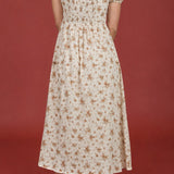 Floral Puff Sleeve Front Tie Corset Midi Dress - Beige Multi