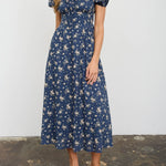 Floral Puff Sleeve Front Tie Corset Midi Dress - Navy Multi