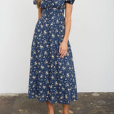 Floral Puff Sleeve Front Tie Corset Midi Dress - Navy Multi