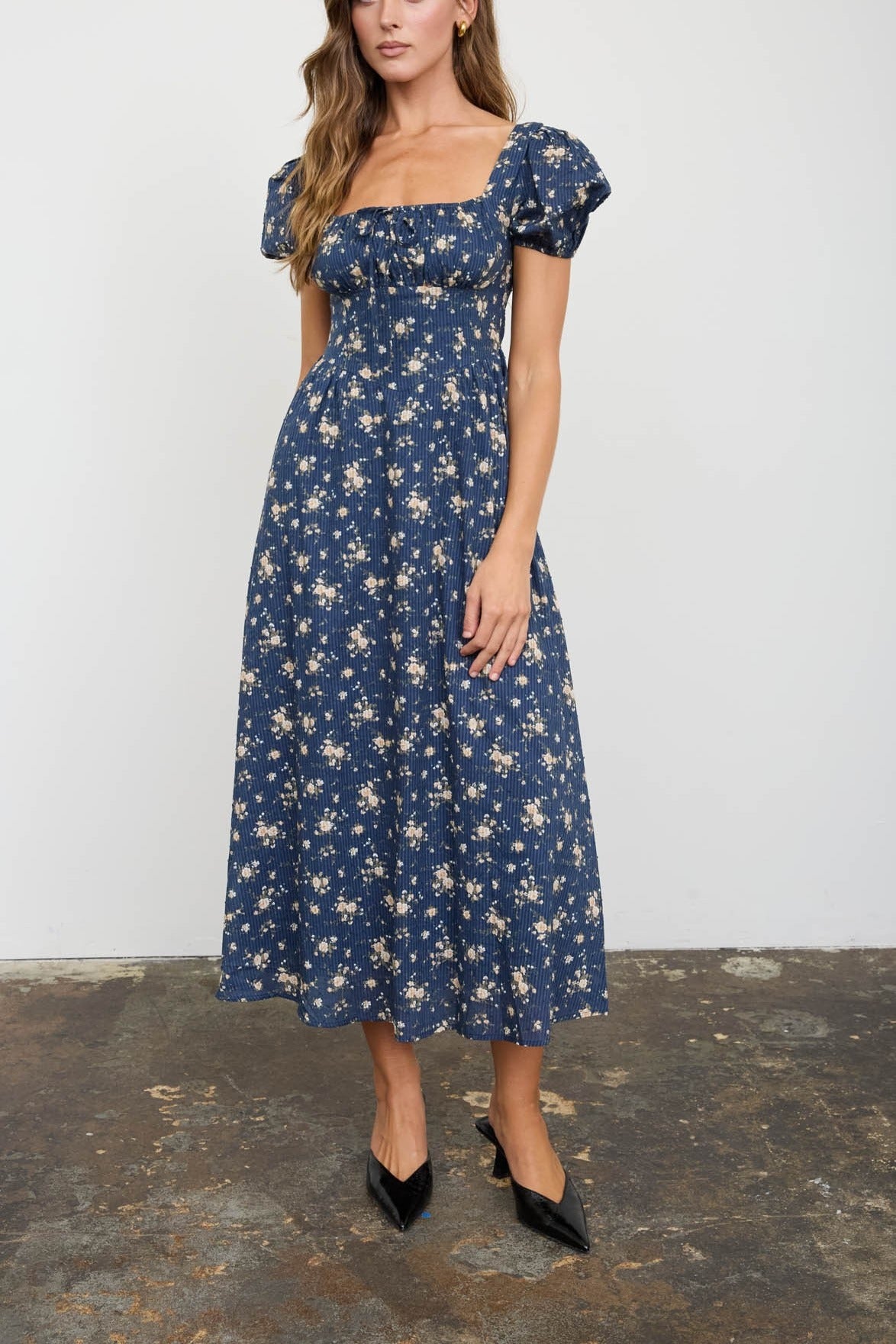 Floral Puff Sleeve Front Tie Corset Midi Dress - Navy Multi