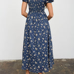 Floral Puff Sleeve Front Tie Corset Midi Dress - Navy Multi