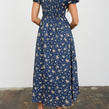 Floral Puff Sleeve Front Tie Corset Midi Dress - Navy Multi