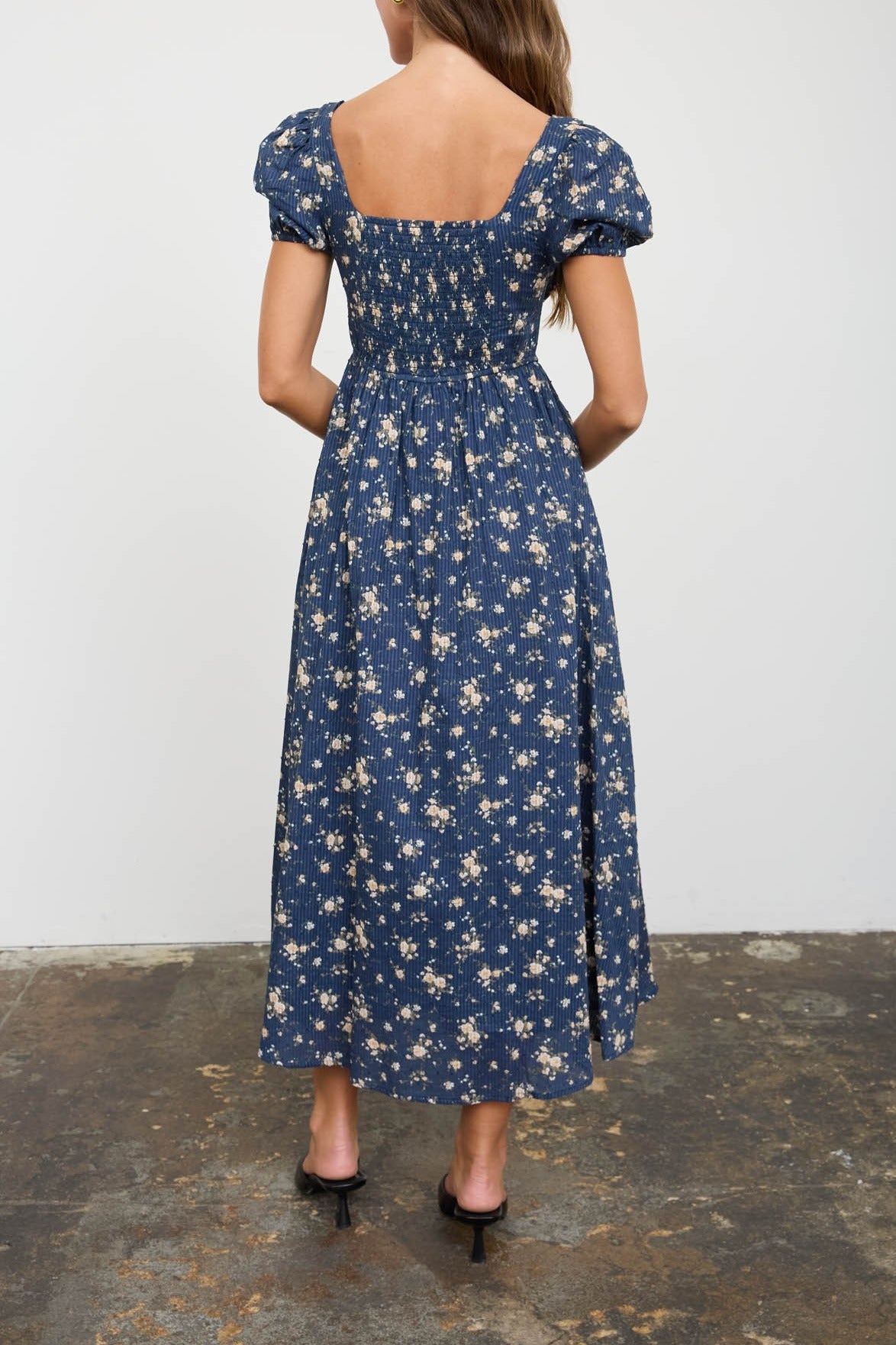 Floral Puff Sleeve Front Tie Corset Midi Dress - Navy Multi