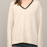 Oatmeal top stitch detail V-neck sweater, front view