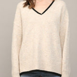 Oatmeal top stitch detail V-neck sweater, front view