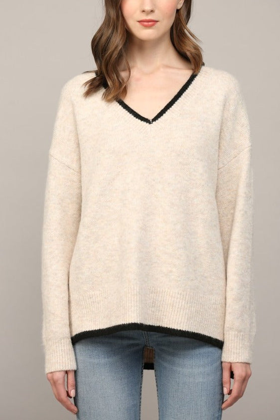 Oatmeal top stitch detail V-neck sweater, front view