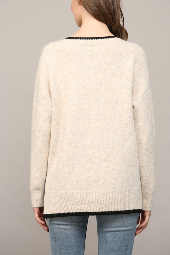 Oatmeal V-neck sweater back view