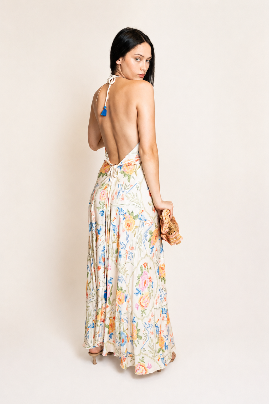Z&L Europe Floricana Maxi Dress in multi color floral viscose, open back view