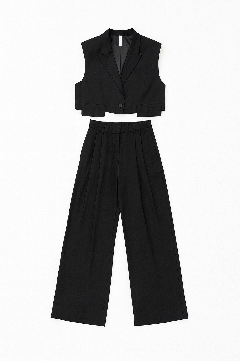 Black sleeveless vest and wide-leg pants set on a white background