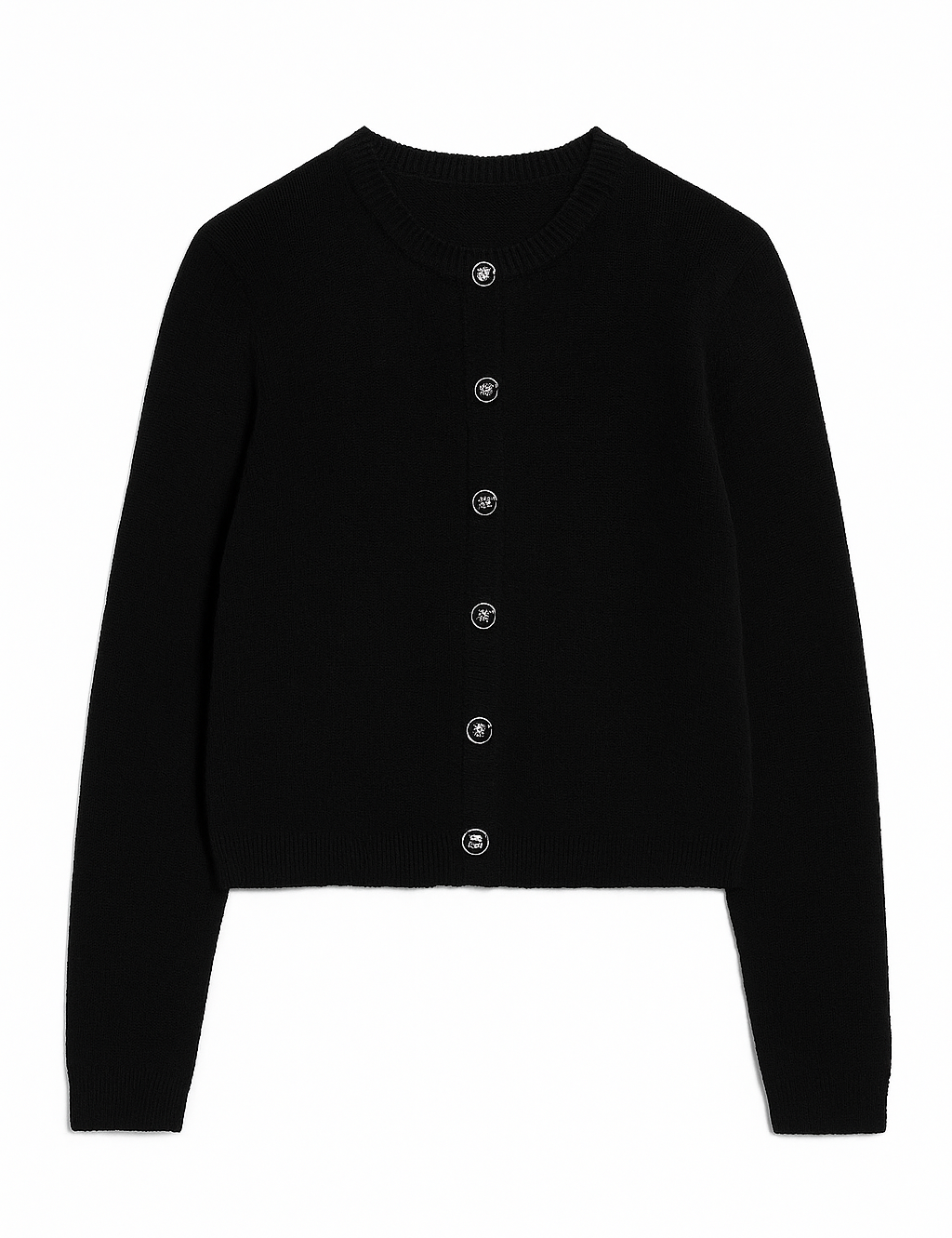 Black cardigan with buttons on a white background