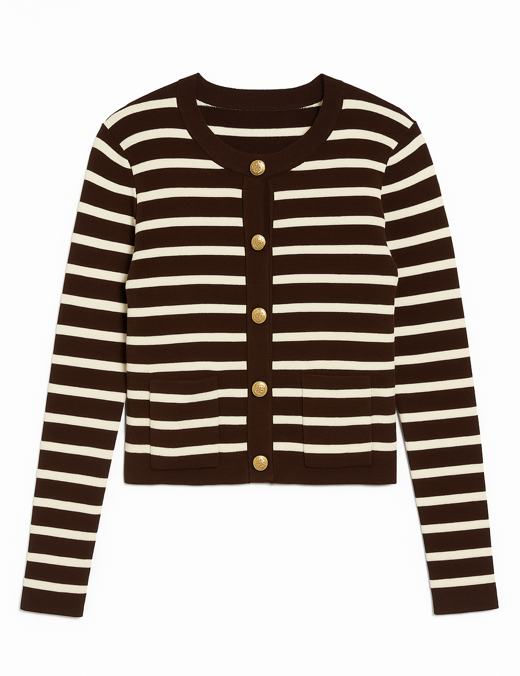 Black and white striped cardigan with buttons on a white background