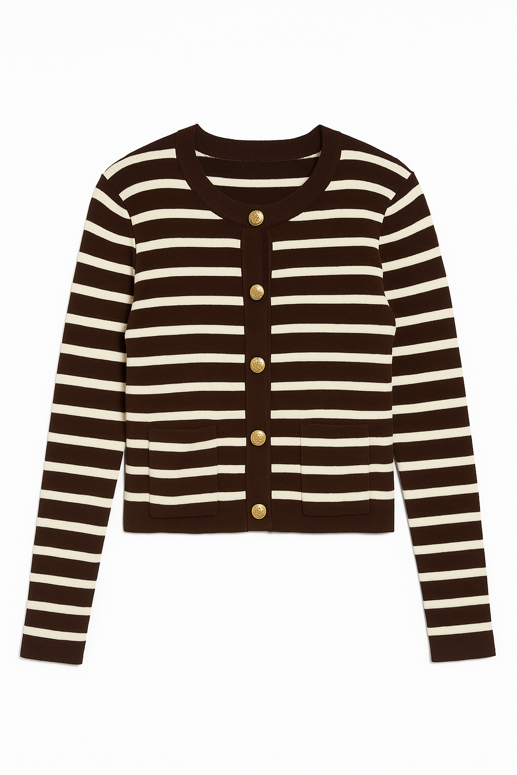 Black and white striped cardigan with buttons on a white background