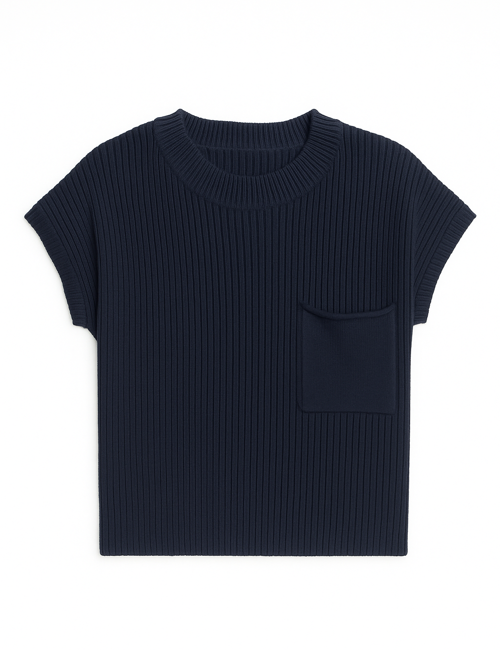 Navy ribbed knit t-shirt with a pocket on a white background