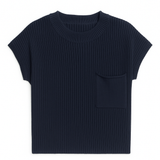 Navy ribbed knit t-shirt with a pocket on a white background