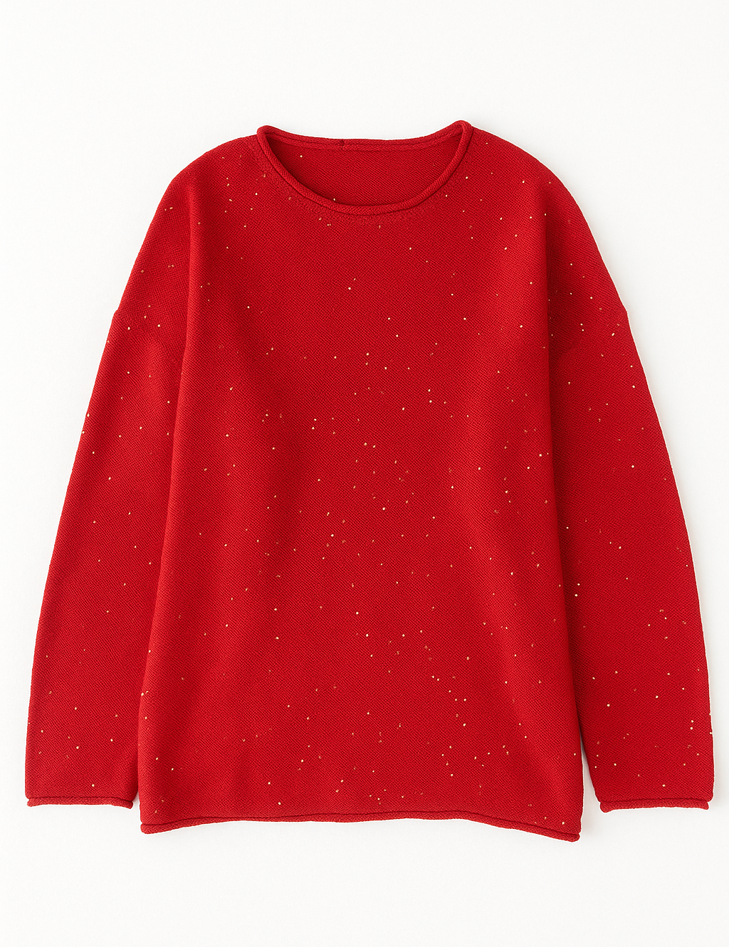 Red sweater with small white speckles on a white background