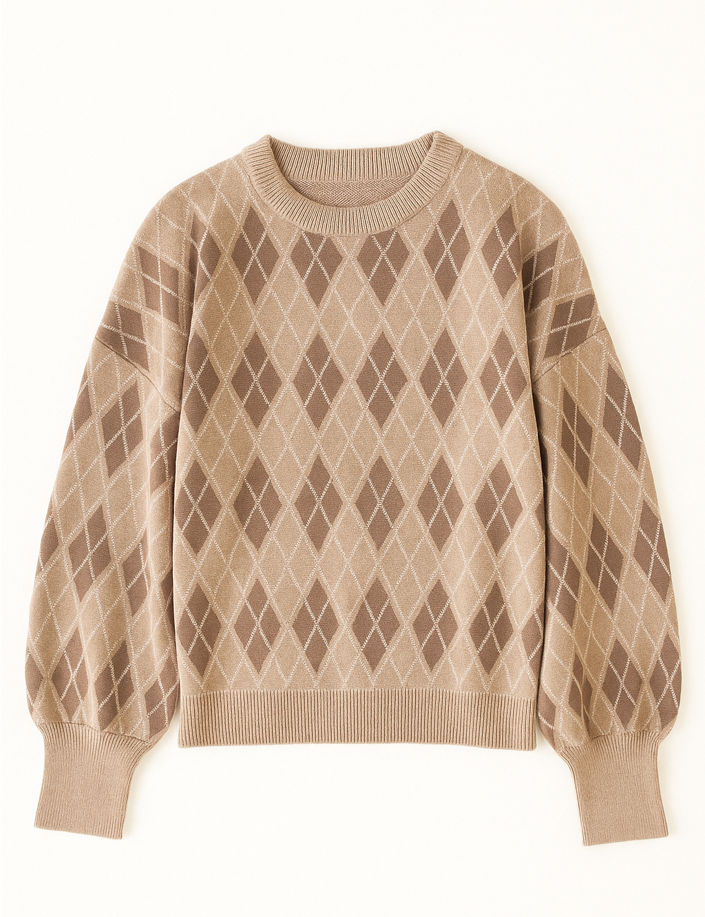 Beige sweater with argyle pattern on a white background
