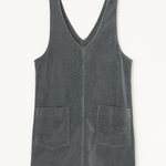 Gray sleeveless dress with a deep neckline on a white background