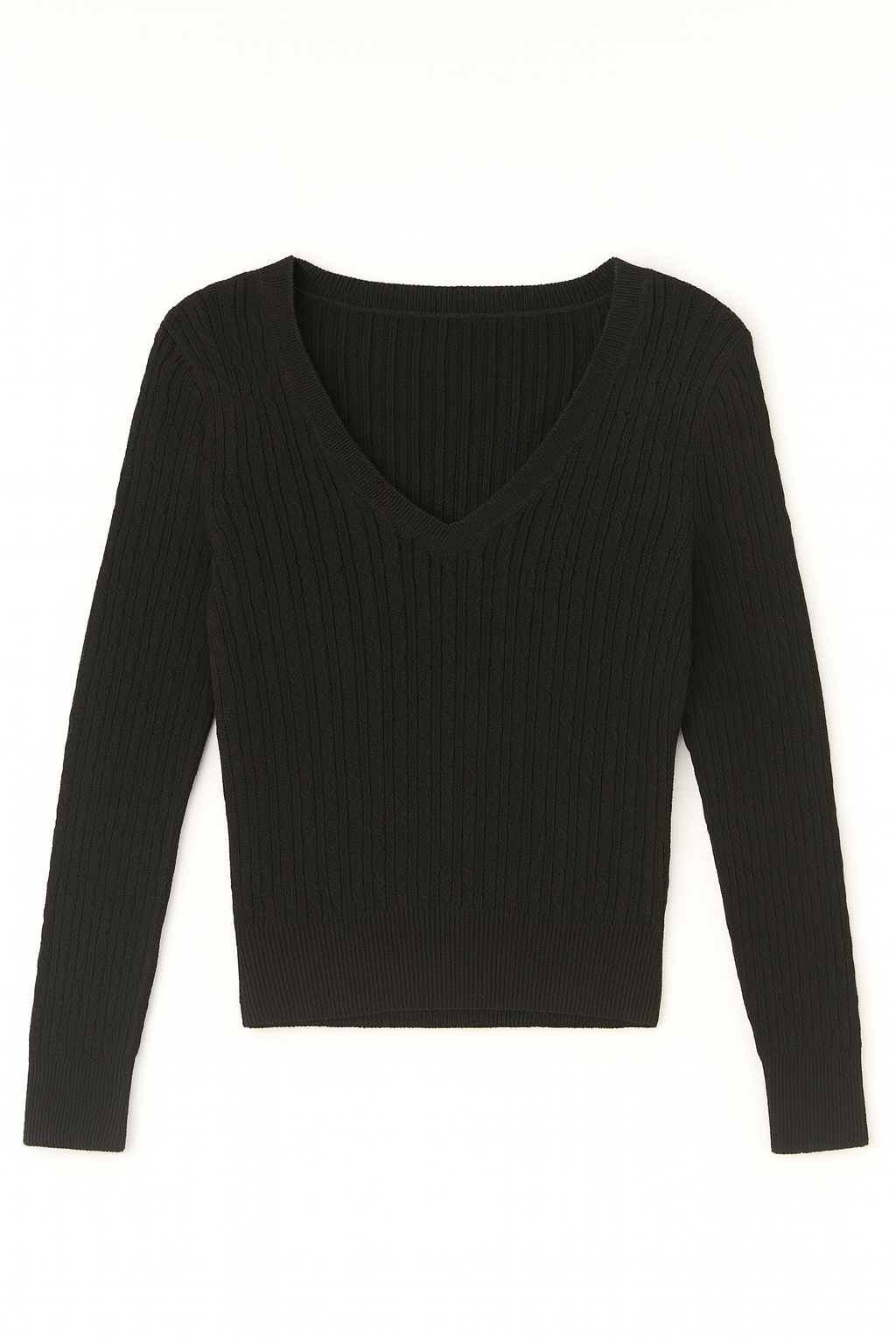 Black ribbed long-sleeve top on a white background