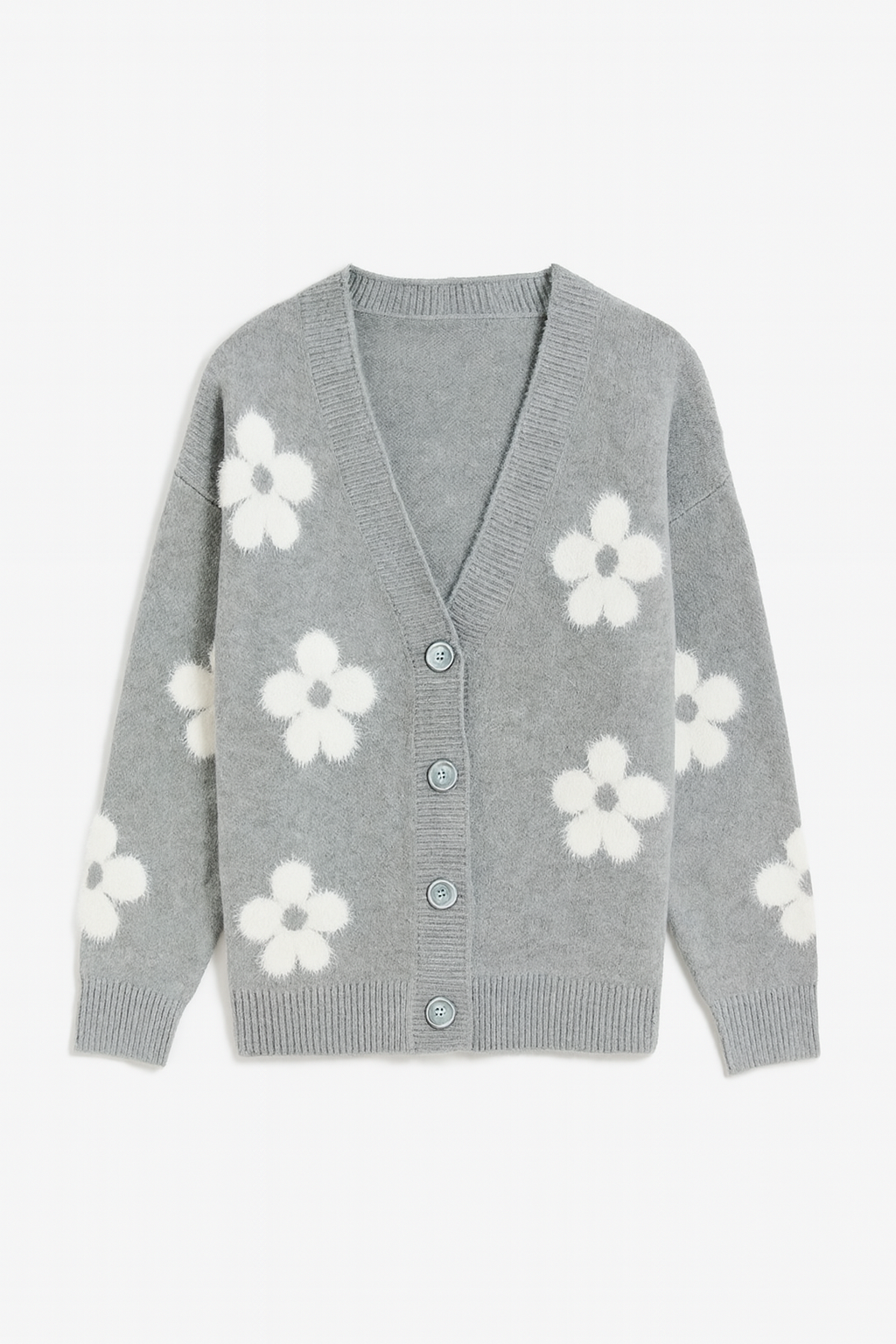Gray cardigan with white floral patterns on a light gray background