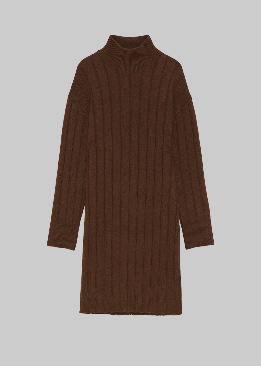 Brown ribbed knit dress on a beige background
