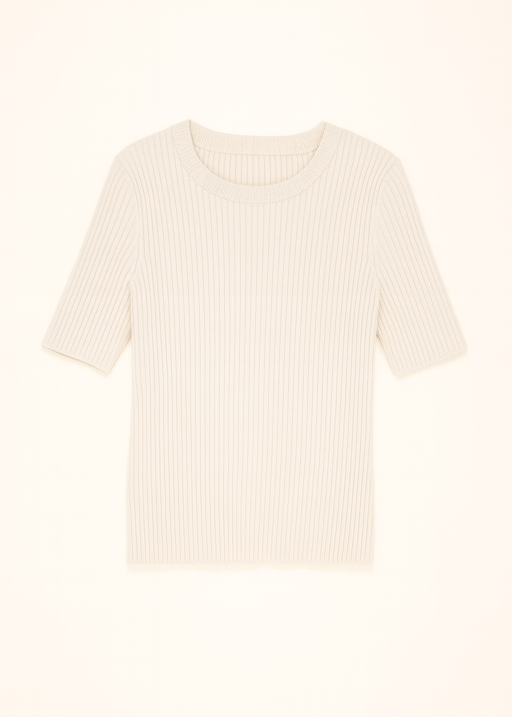 Beige ribbed knit t-shirt on a light beige background