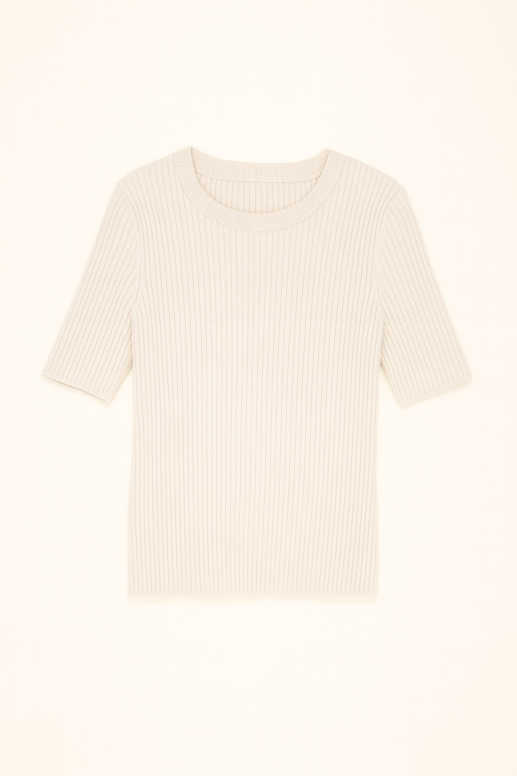 Beige ribbed knit t-shirt on a light beige background