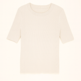 Beige ribbed knit t-shirt on a light beige background