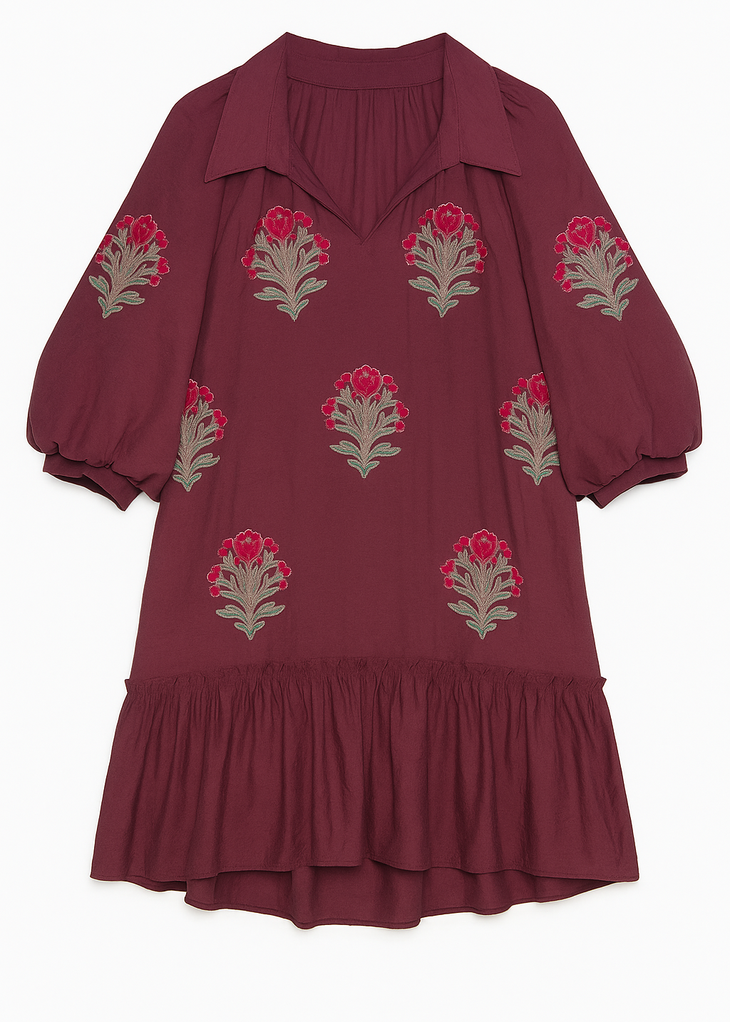 Maroon dress with floral embroidery on a white background