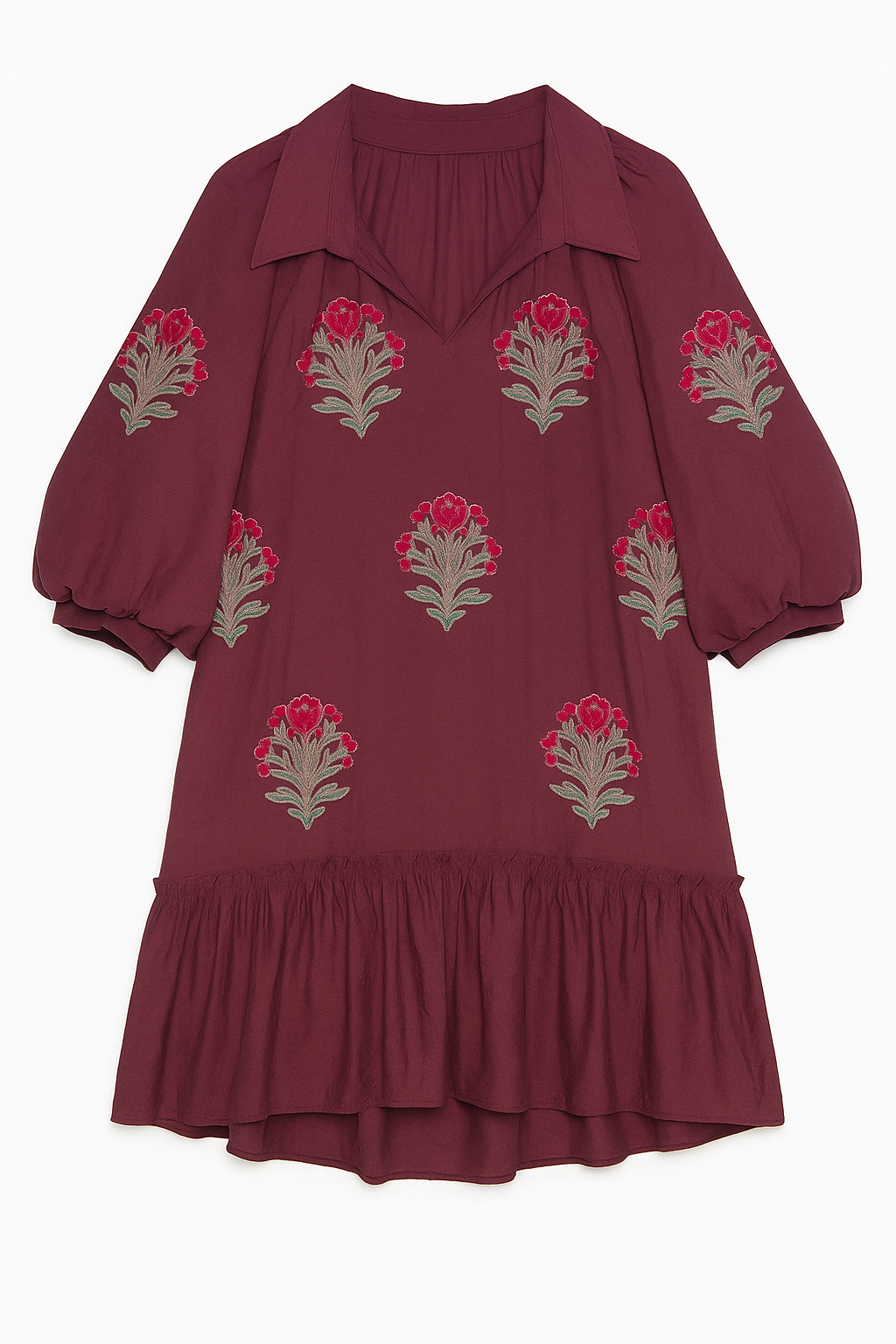 Maroon dress with floral embroidery on a white background