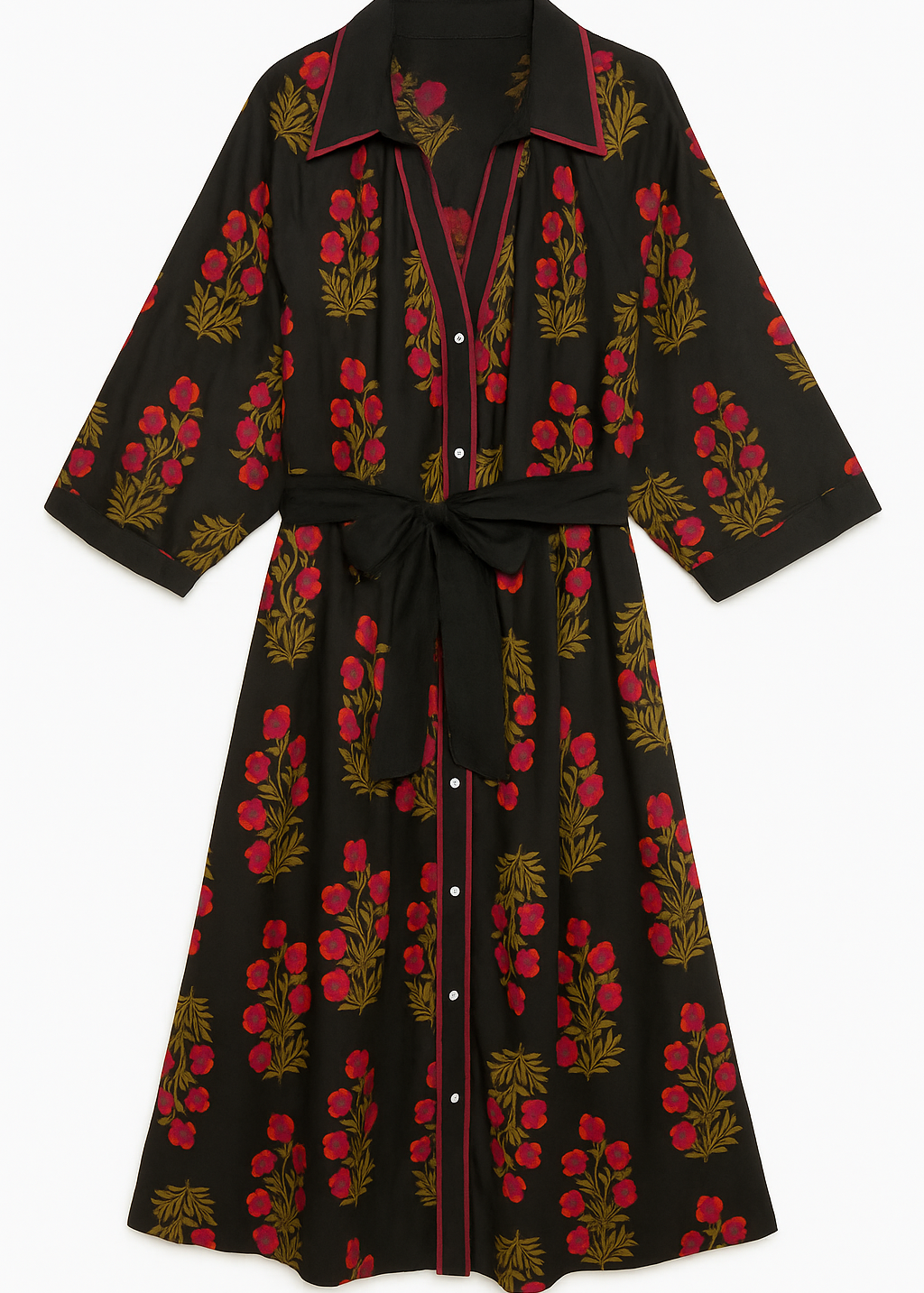 Black dress with red floral pattern on a white background