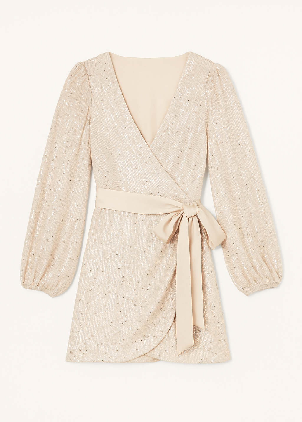 Beige lace wrap dress with a belt on a white background