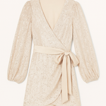 Beige lace wrap dress with a belt on a white background