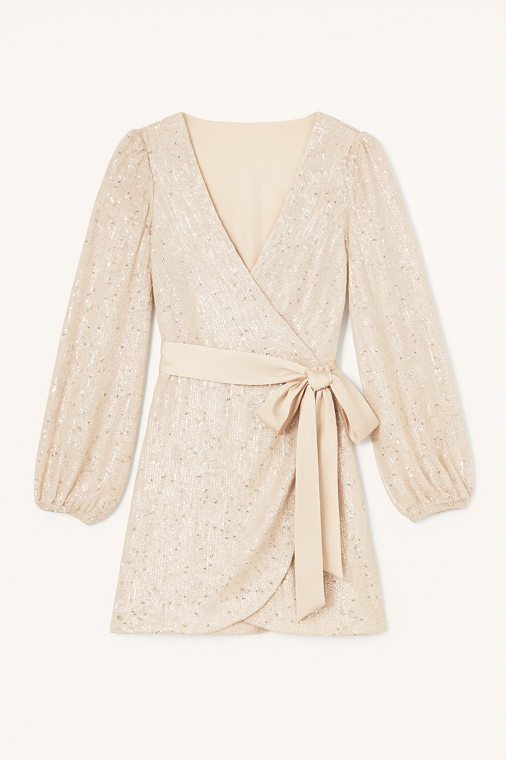 Beige lace wrap dress with a belt on a white background