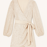 Beige lace wrap dress with a belt on a white background