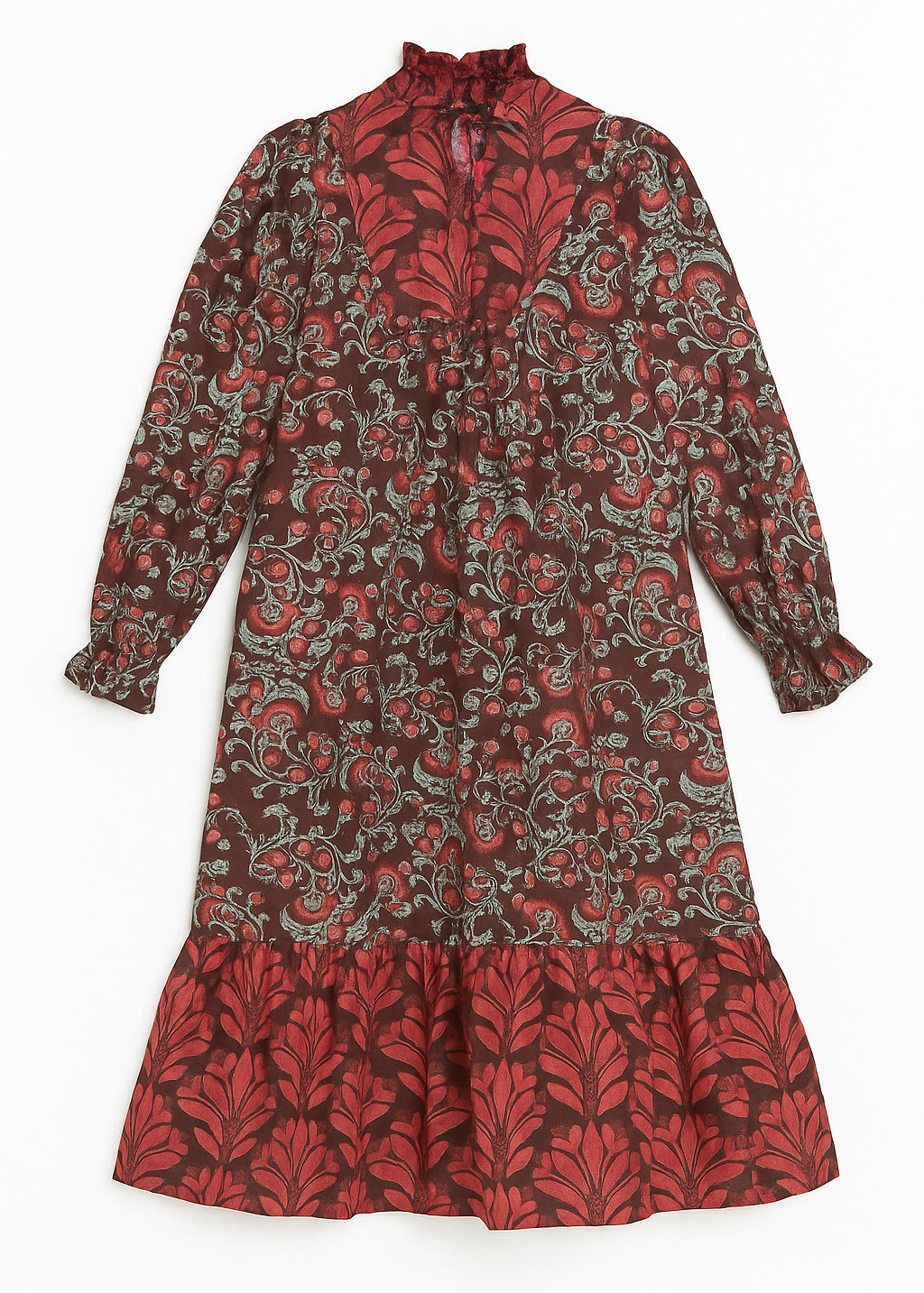 Red and black patterned dress on a white background